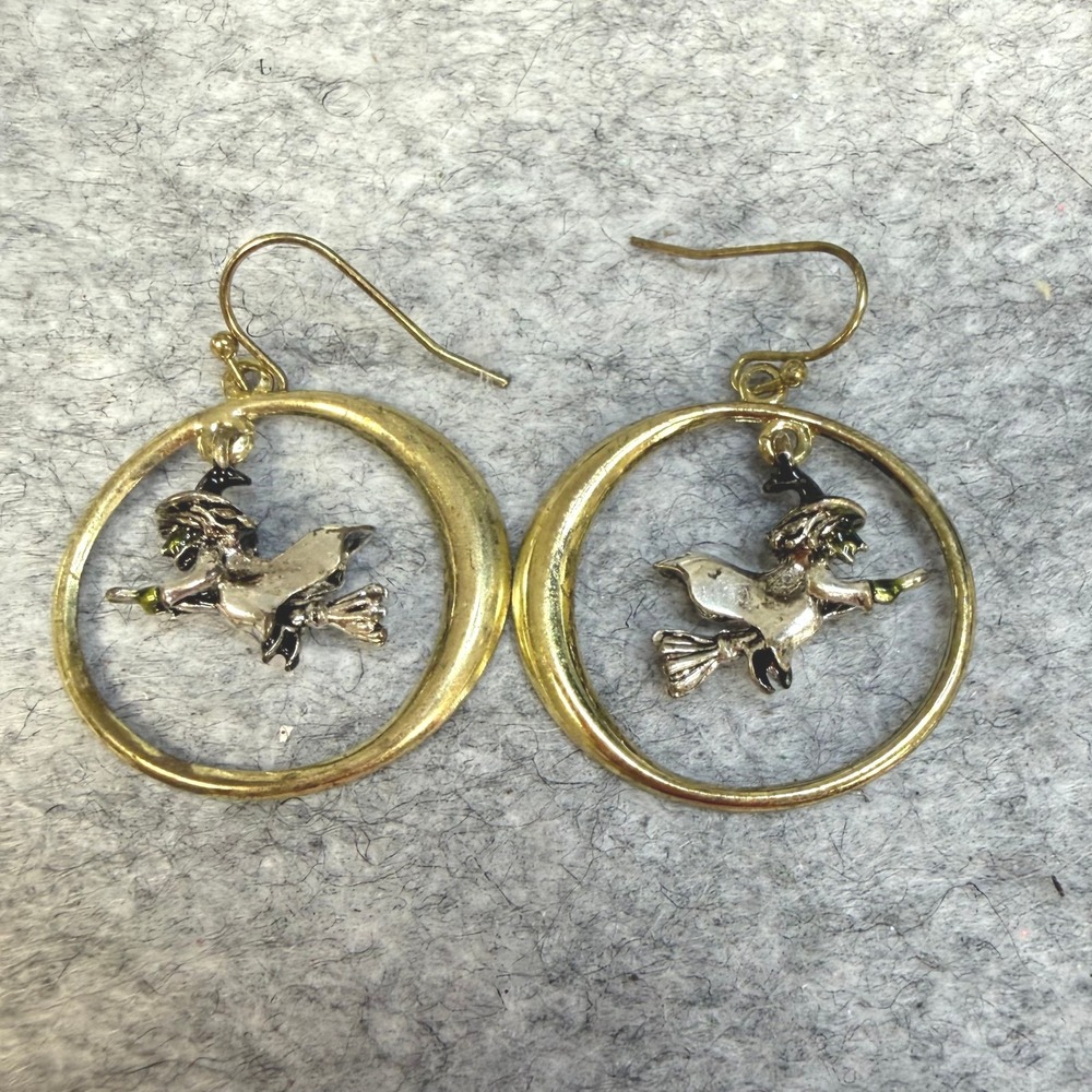 Avon 2008 Vintage Halloween Witch Crescent Moon Drop Earrings Gold Silver Tone